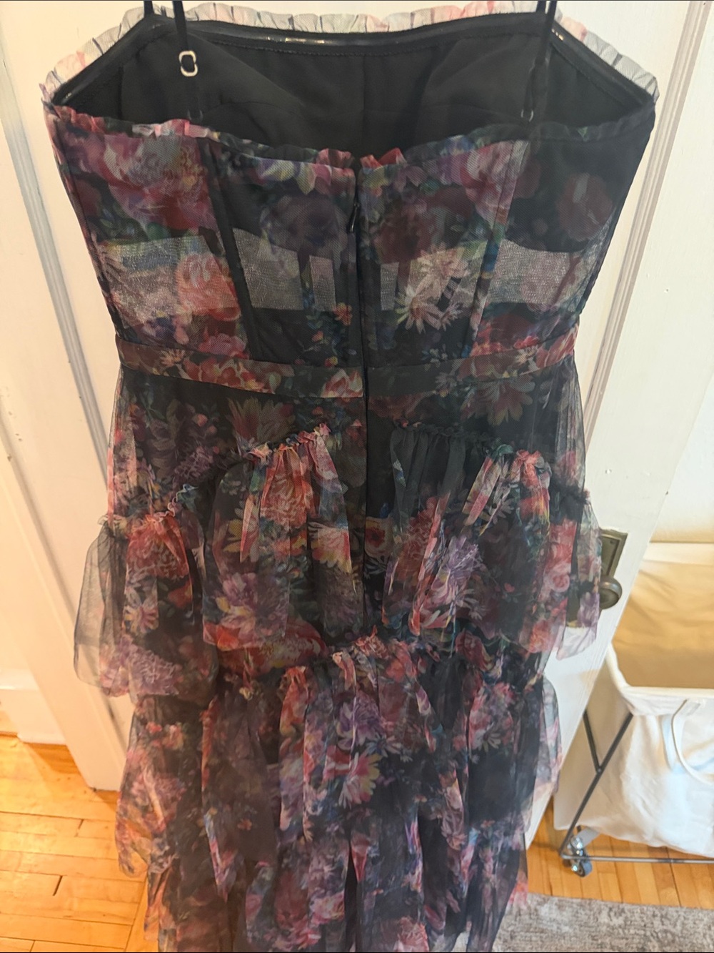 Floral Tiered Tulle Evening Gown in Black and Dusty Rose Floral - Picture 3 of 4
